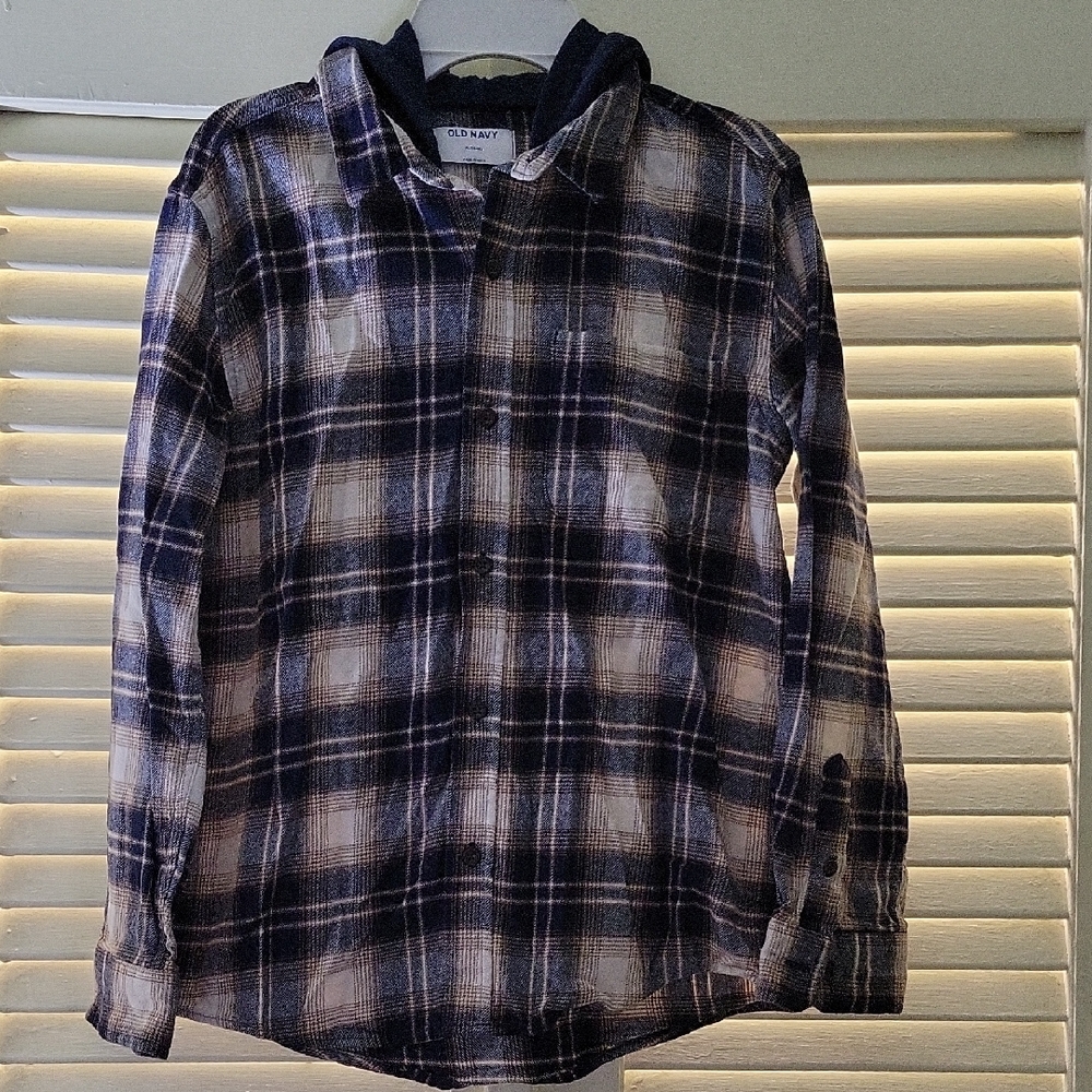 Old Navy Casual Plaid Shirt w/ Hood - Navy and White